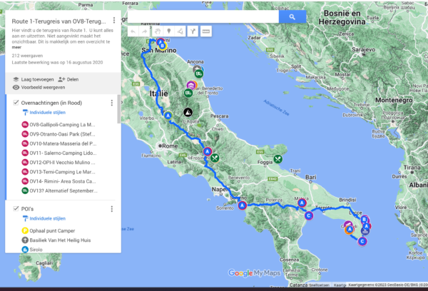 Route 1-Terugreis van OV8-Terugbrengpunt: Rimini - S.M. di Leuca